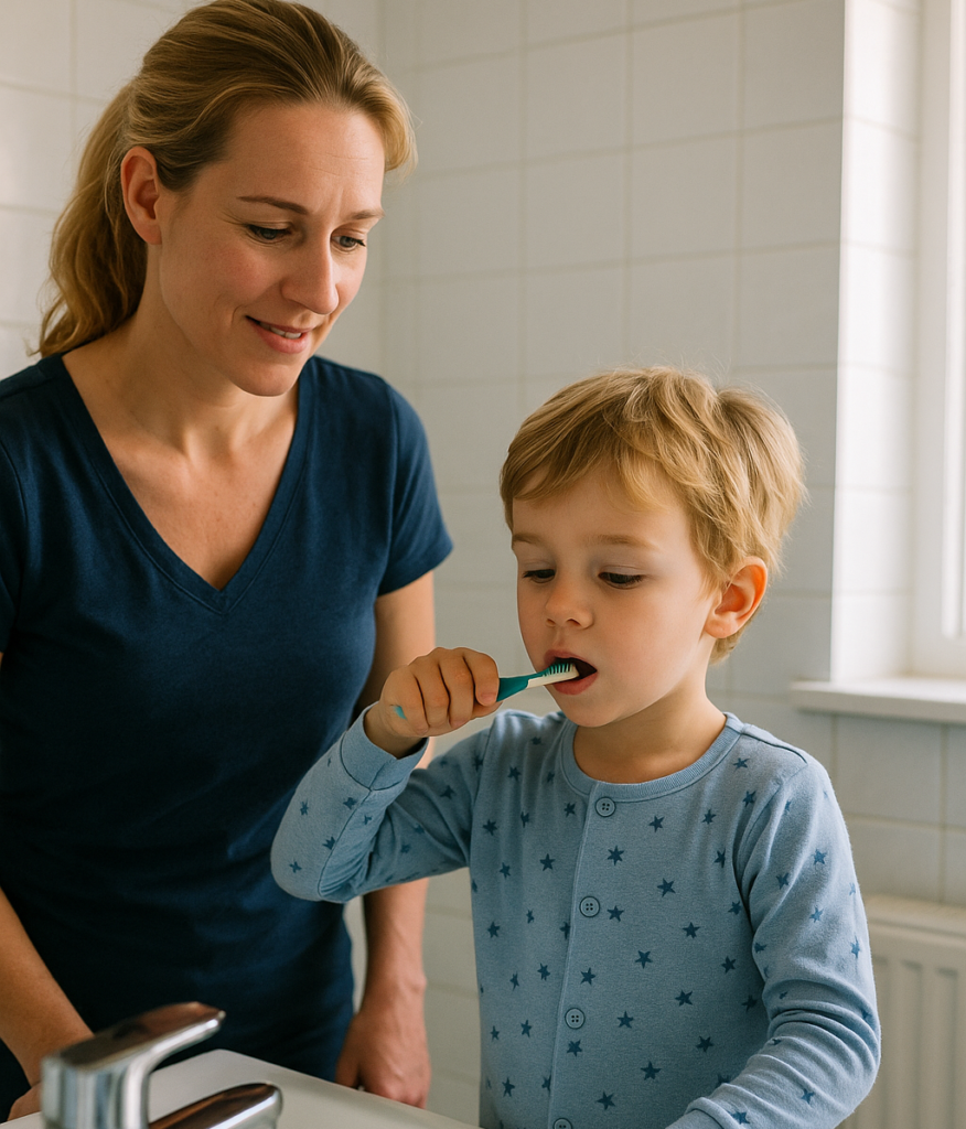 Kind-dat-aan-het-tandenpoetsen-is-met-behulp-van-ouder