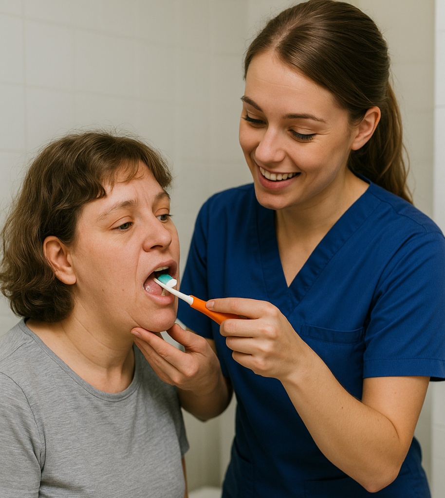 Persoon-met-een-licht-verstandelijke-handicap-die-wordt-begeleid-bij-het-tandenpoetsen-door-een-vrouw